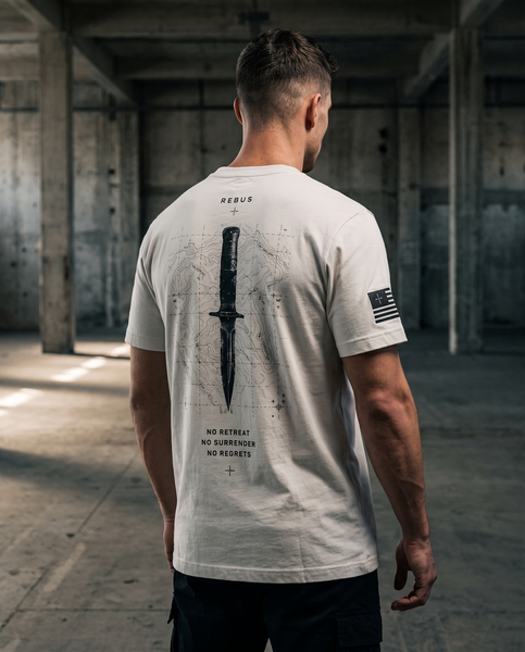 Футболка REBUS+ &laquo;Warrior Tee&raquo; Off White &mdash; щільна бавовна 230 г/м&sup2;, принт креслення ножа REBUS-TEE-WARRIOR фото