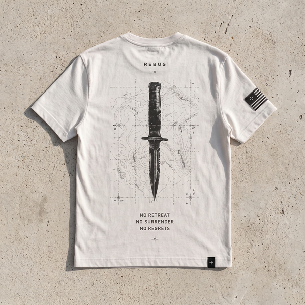 Футболка REBUS+ &laquo;Warrior Tee&raquo; Off White &mdash; щільна бавовна 230 г/м&sup2;, принт креслення ножа REBUS-TEE-WARRIOR фото